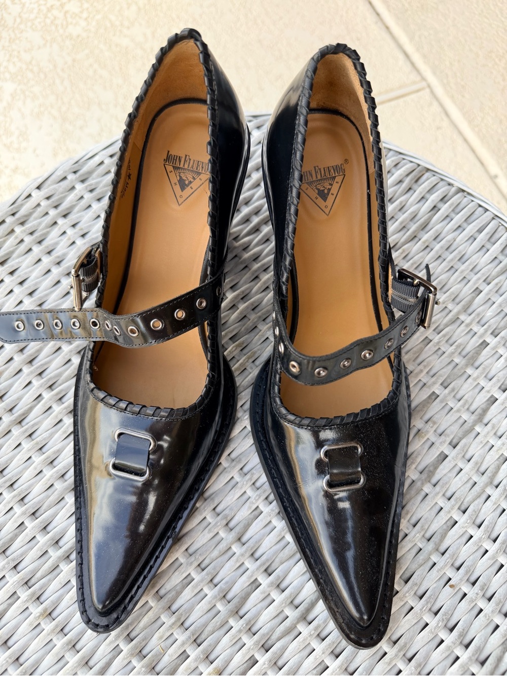 John Fluevog Western Punk Willow Black Pointed Pumps with Studded Strap